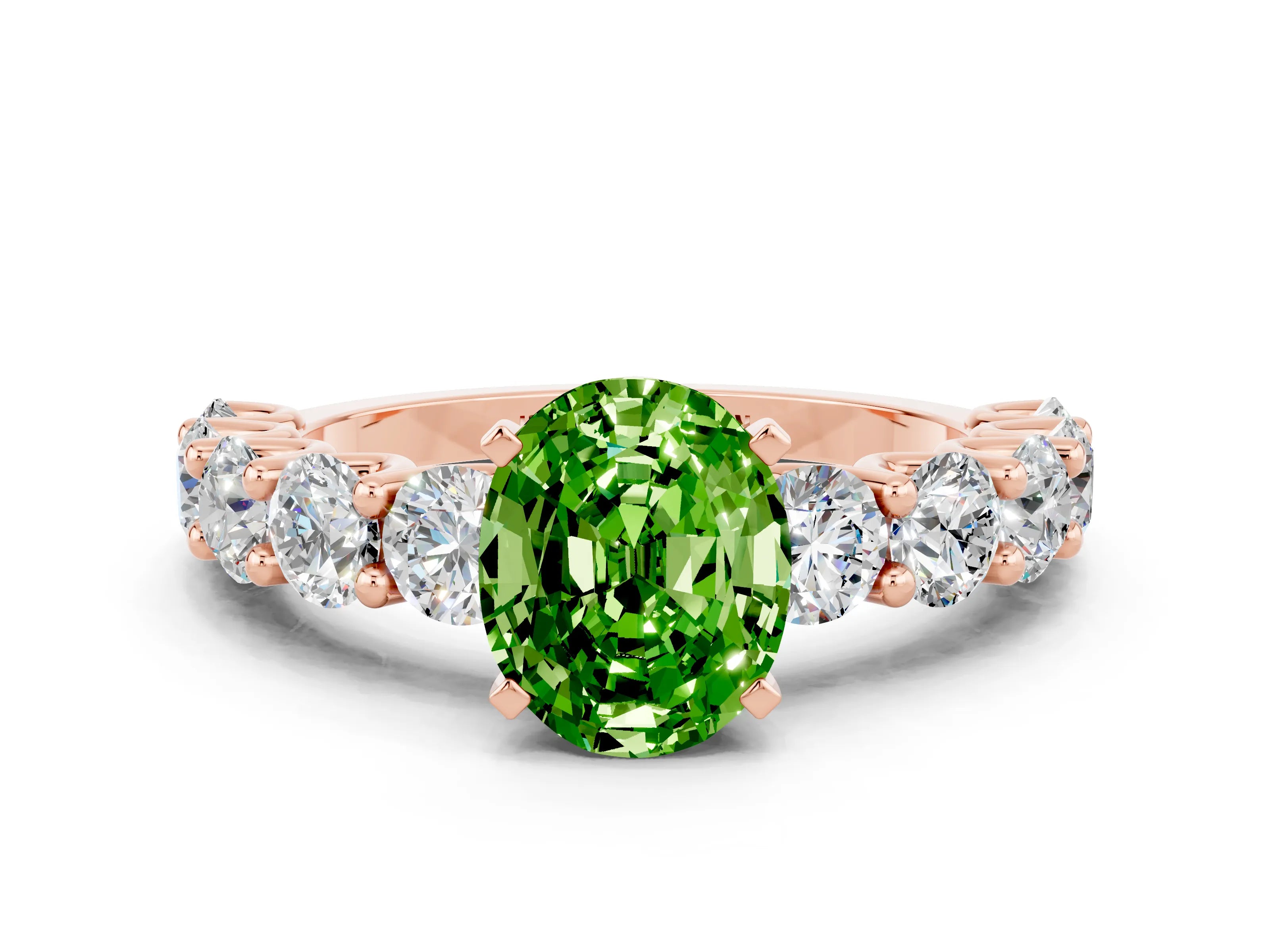 Rose gold Oval Cut Peridot Prong Setting with Side Stones on a Pave Band