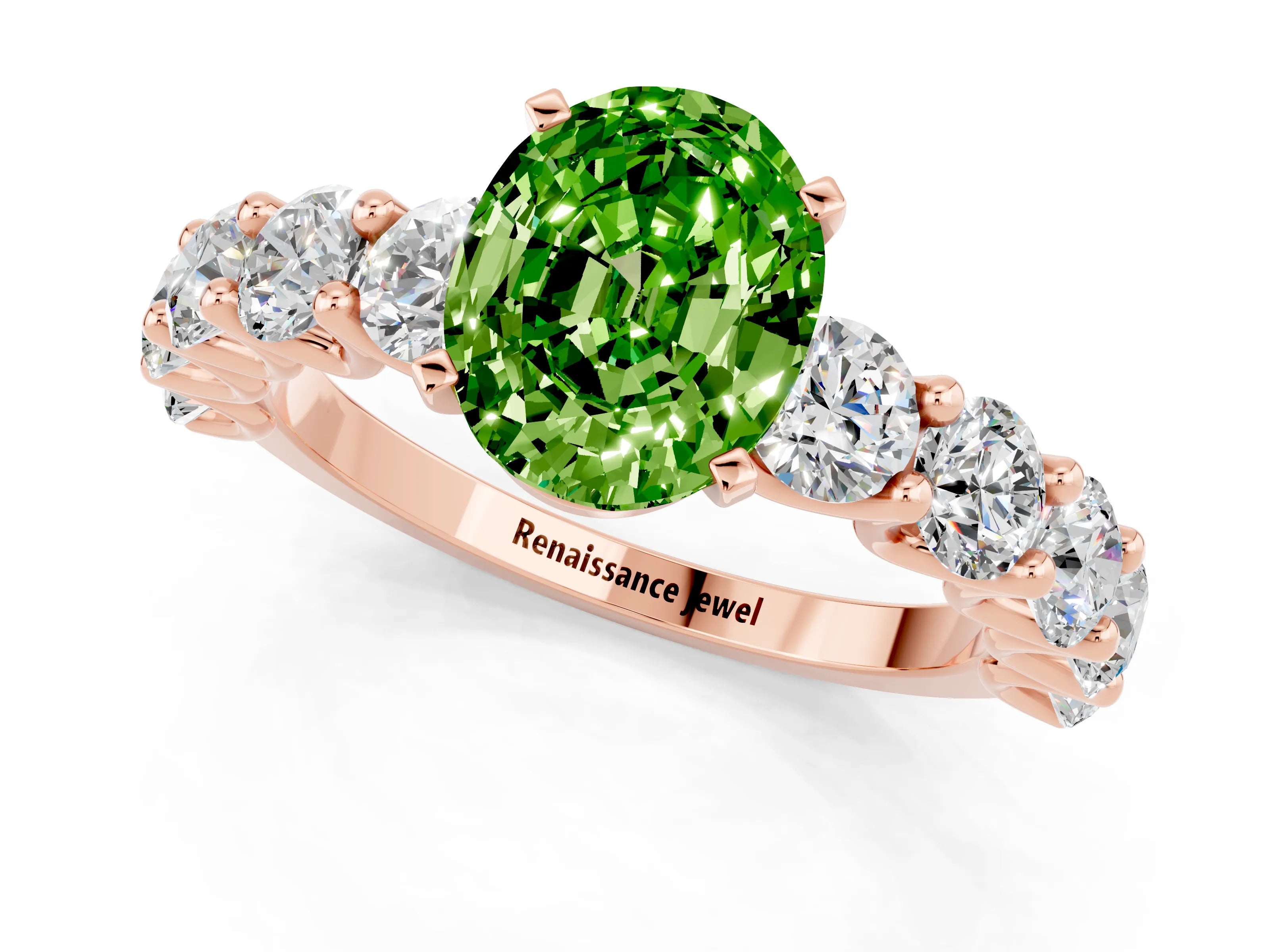 Rose gold Oval Cut Peridot Prong Setting with Side Stones on a Pave Band_1