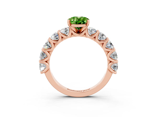 Rose gold Oval Cut Peridot Prong Setting with Side Stones on a Pave Band