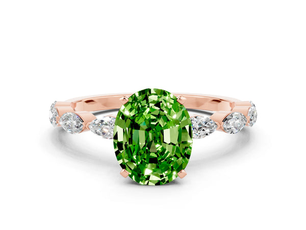 Rose gold Oval Cut Peridot Ring with Marquise Side Stones and Prong Setting