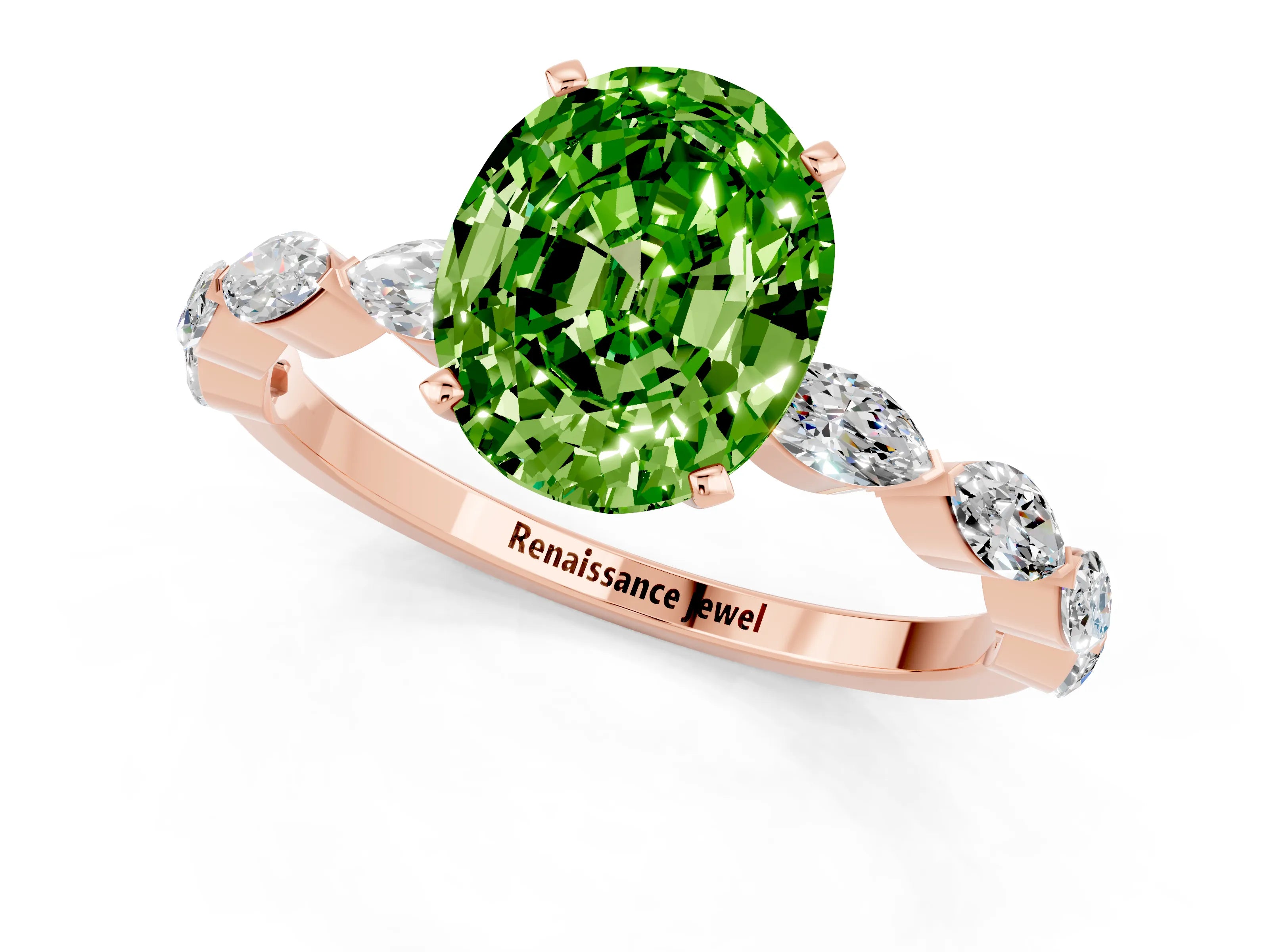 Rose gold Oval Cut Peridot Ring with Marquise Side Stones and Prong Setting_1