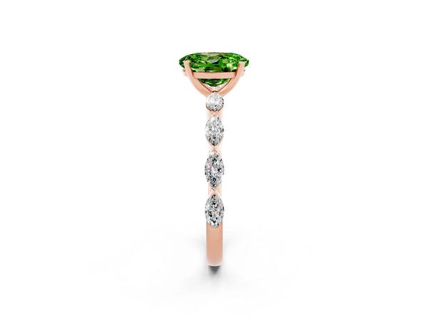 Rose gold Oval Cut Peridot Ring with Marquise Side Stones and Prong Setting
