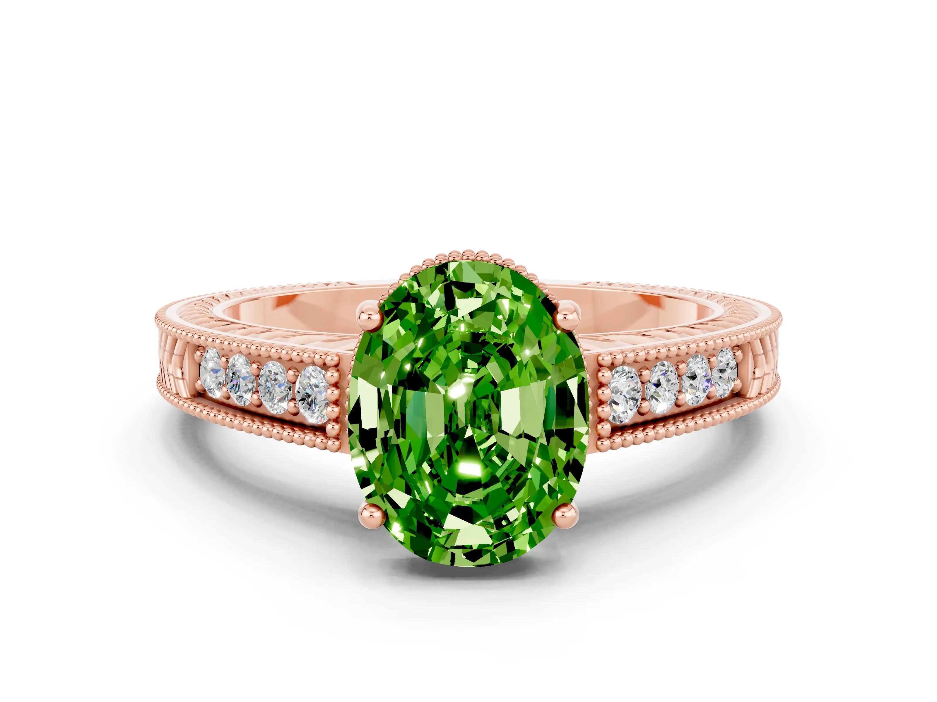 Rose gold Oval Cut Peridot Ring with Milgrain Pavé Band and Four-Prong Setting_12