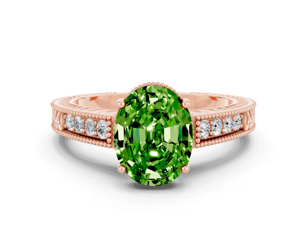 Rose gold Oval Cut Peridot Ring with Milgrain Pavé Band and Four-Prong Setting