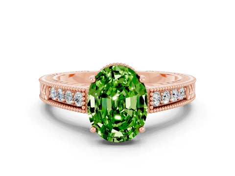 Rose gold Oval Cut Peridot Ring with Milgrain Pavé Band and Four-Prong Setting_12
