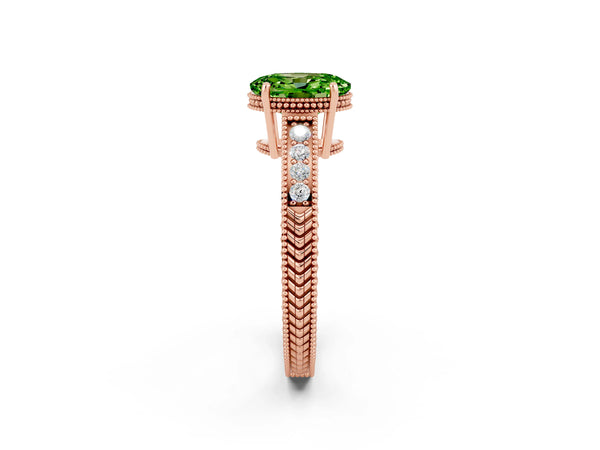 Rose gold Oval Cut Peridot Ring with Milgrain Pavé Band and Four-Prong Setting