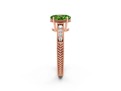 Rose gold Oval Cut Peridot Ring with Milgrain Pavé Band and Four-Prong Setting_14