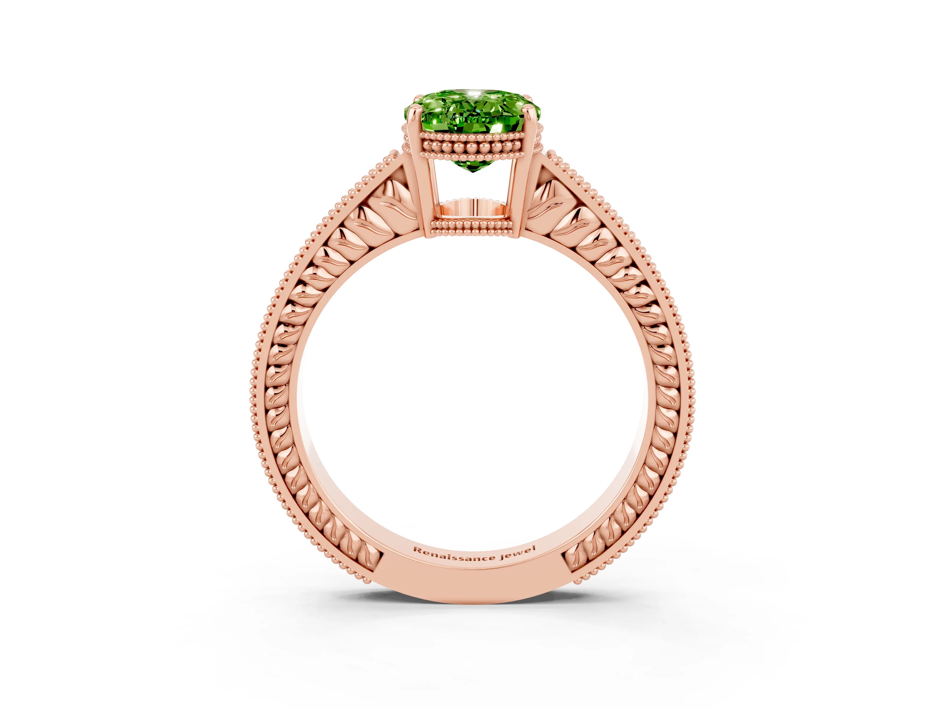 Rose gold Oval Cut Peridot Ring with Milgrain Pavé Band and Four-Prong Setting_15