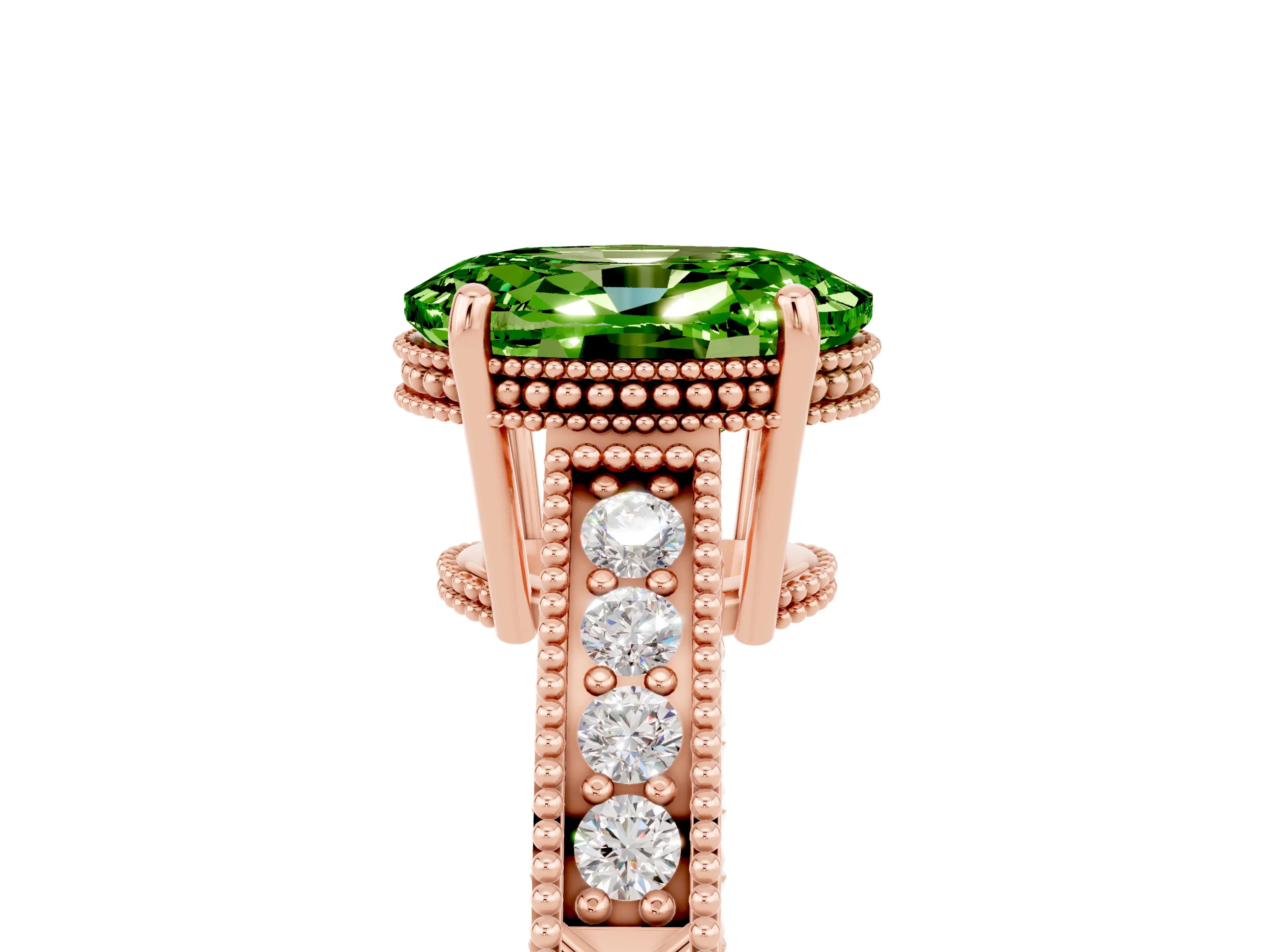Rose gold Oval Cut Peridot Ring with Milgrain Pavé Band and Four-Prong Setting_17