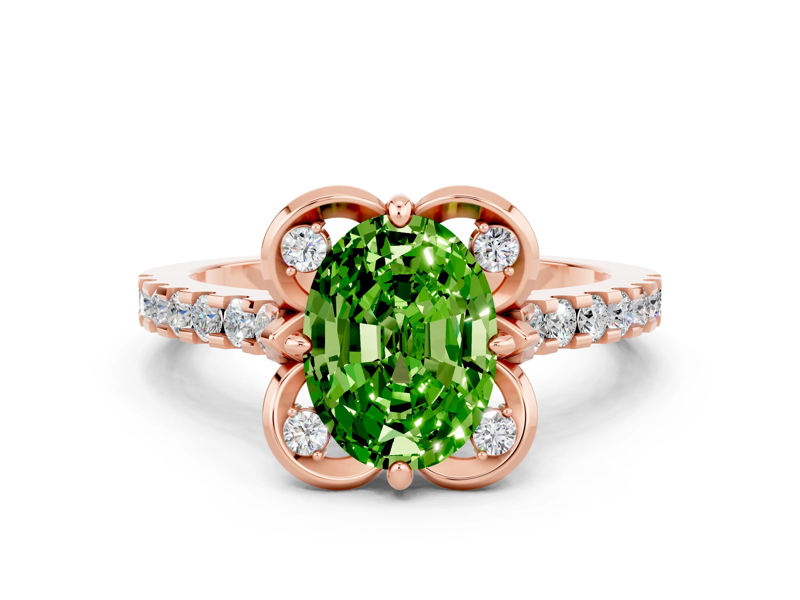 Rose gold Oval Cut Peridot Ring with Pavé Band and Floral Prong Setting