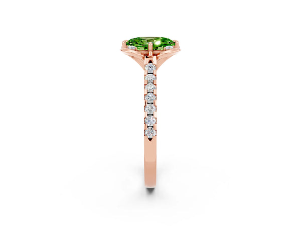 Rose gold Oval Cut Peridot Ring with Pavé Band and Floral Prong Setting