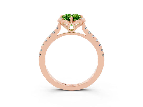 Rose gold Oval Cut Peridot Ring with Pavé Band and Floral Prong Setting