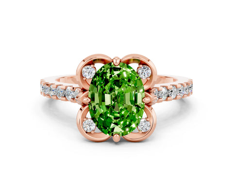 Rose gold Oval Cut Peridot Ring with Pavé Band and Floral Prong Setting