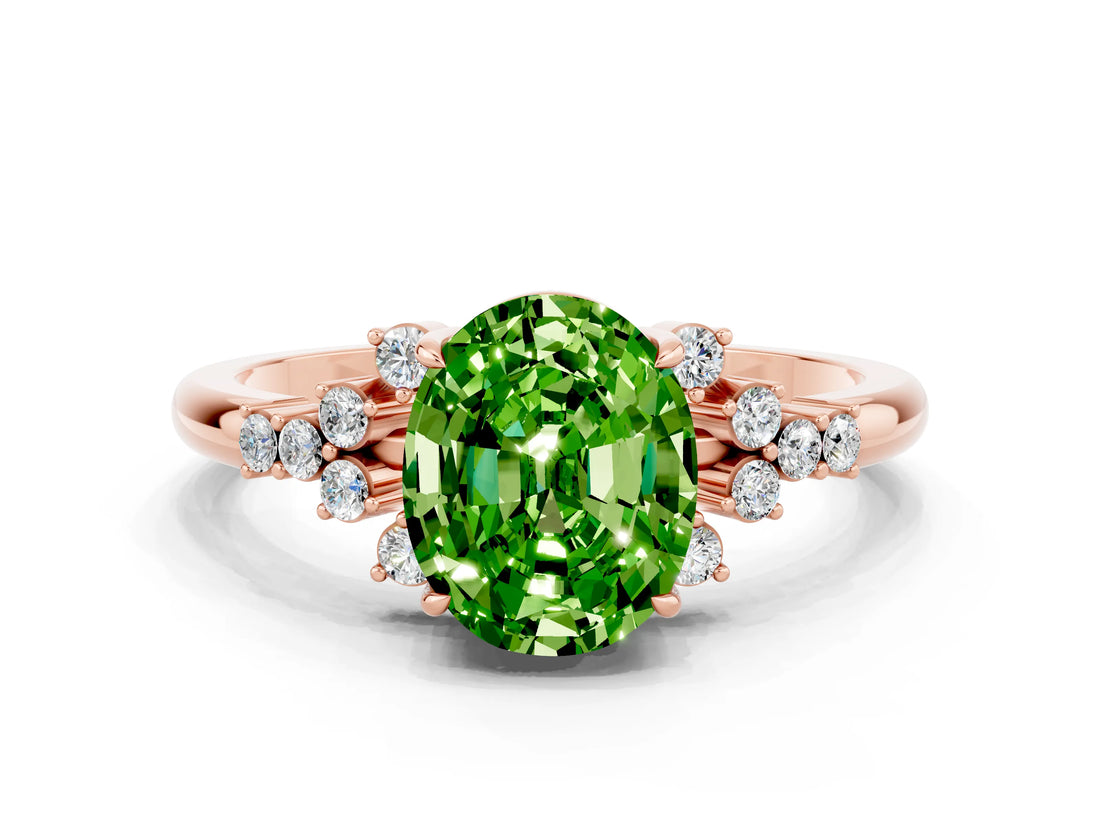 Rose gold Oval Cut Peridot Ring with Side Stones and Four-Prong Setting_72