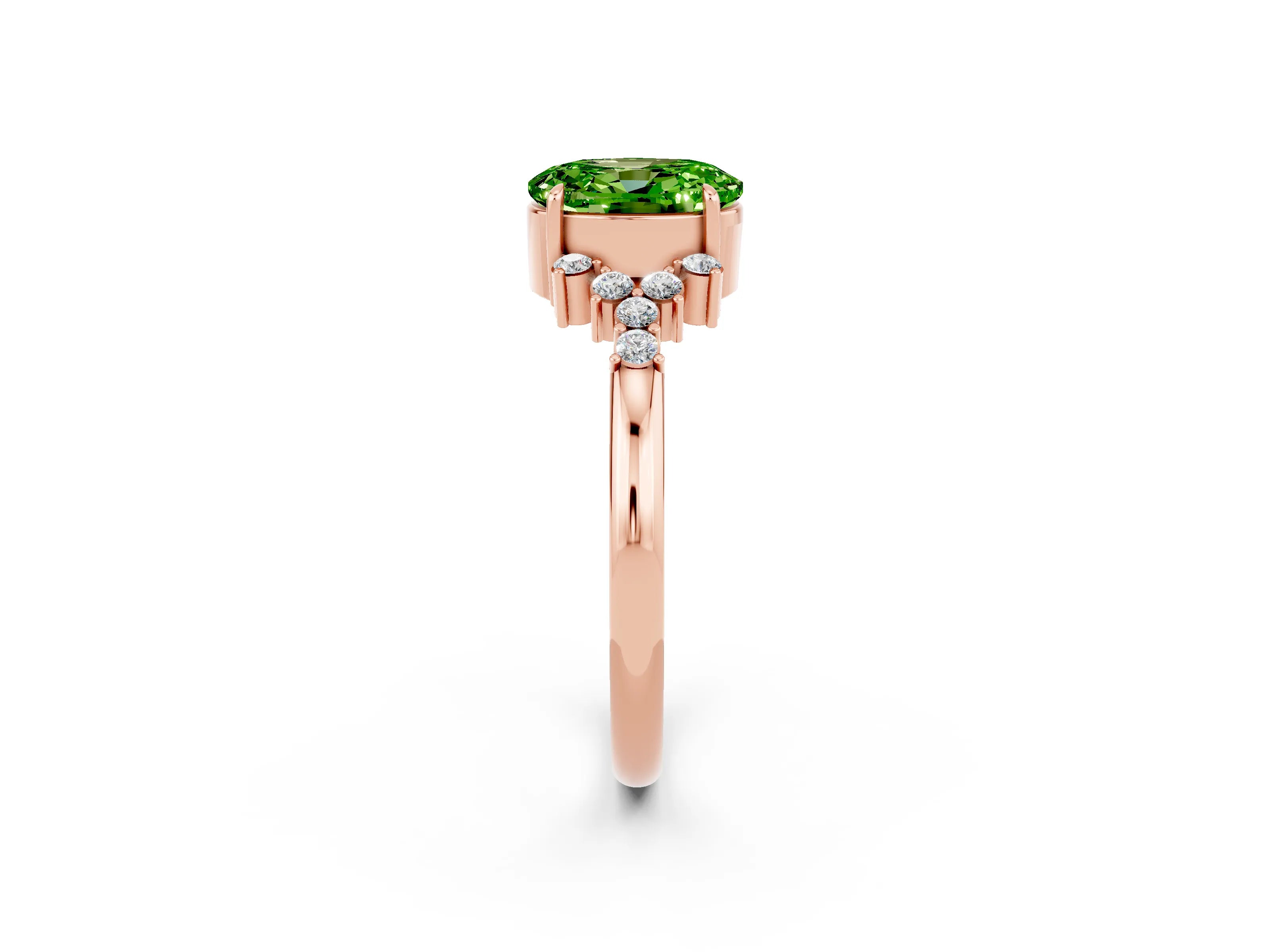 Rose gold Oval Cut Peridot Ring with Side Stones and Four-Prong Setting_74