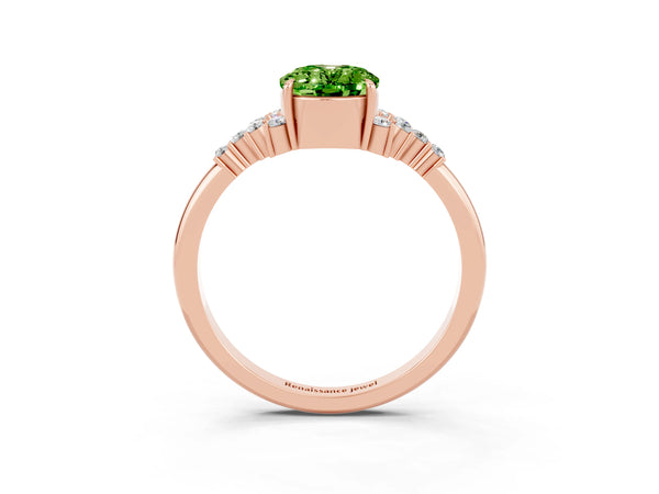 Rose gold Oval Cut Peridot Ring with Side Stones and Four-Prong Setting