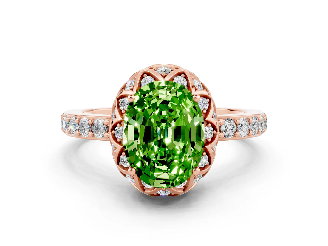 Rose gold Oval Cut Peridot Scalloped Halo Engagement Ring with Round Shared Prong Band_12