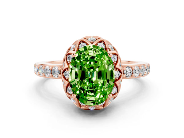 Rose gold Oval Cut Peridot Scalloped Halo Engagement Ring with Round Shared Prong Band
