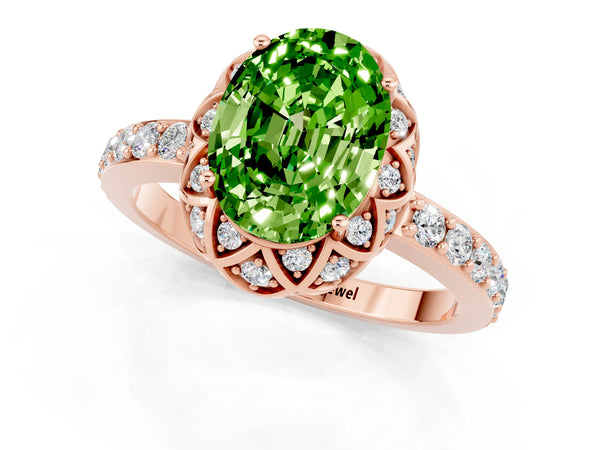 Rose gold Oval Cut Peridot Scalloped Halo Engagement Ring with Round Shared Prong Band