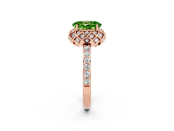 Rose gold Oval Cut Peridot Scalloped Halo Engagement Ring with Round Shared Prong Band