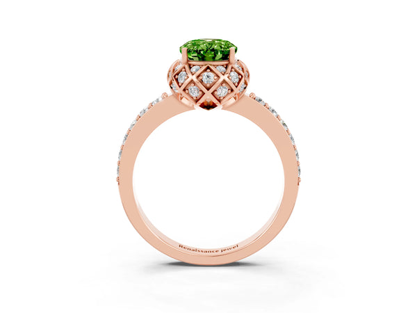 Rose gold Oval Cut Peridot Scalloped Halo Engagement Ring with Round Shared Prong Band