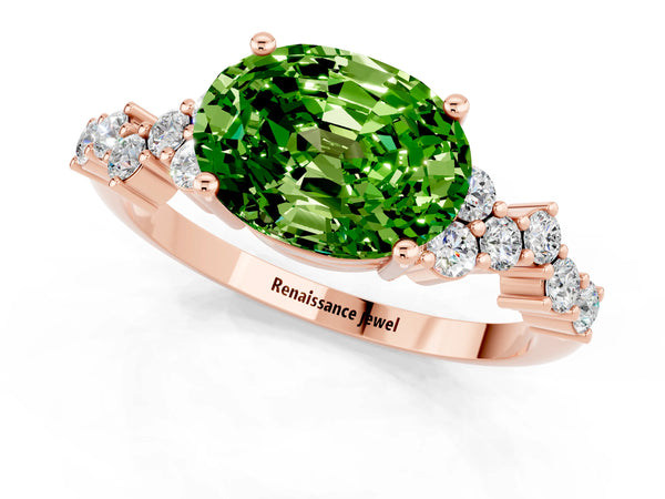 Rose gold Oval Cut Peridot Scattered Round Accent Ring with Prong Setting