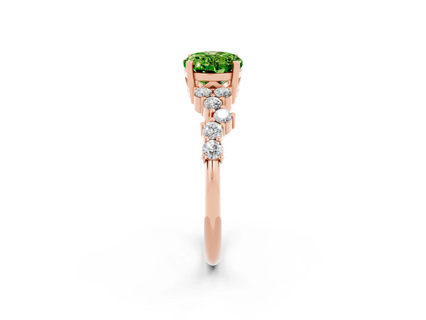 Rose gold Oval Cut Peridot Scattered Round Accent Ring with Prong Setting