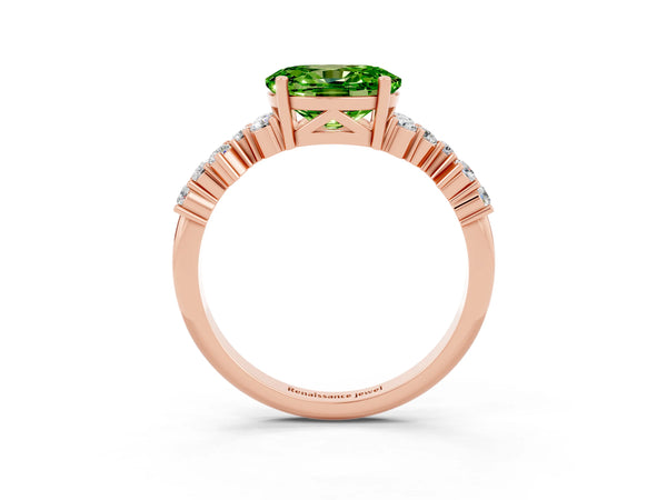 Rose gold Oval Cut Peridot Scattered Round Accent Ring with Prong Setting