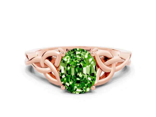 Rose gold Oval Cut Peridot Solitaire Celtic Knot Ring with Four-Prong Setting