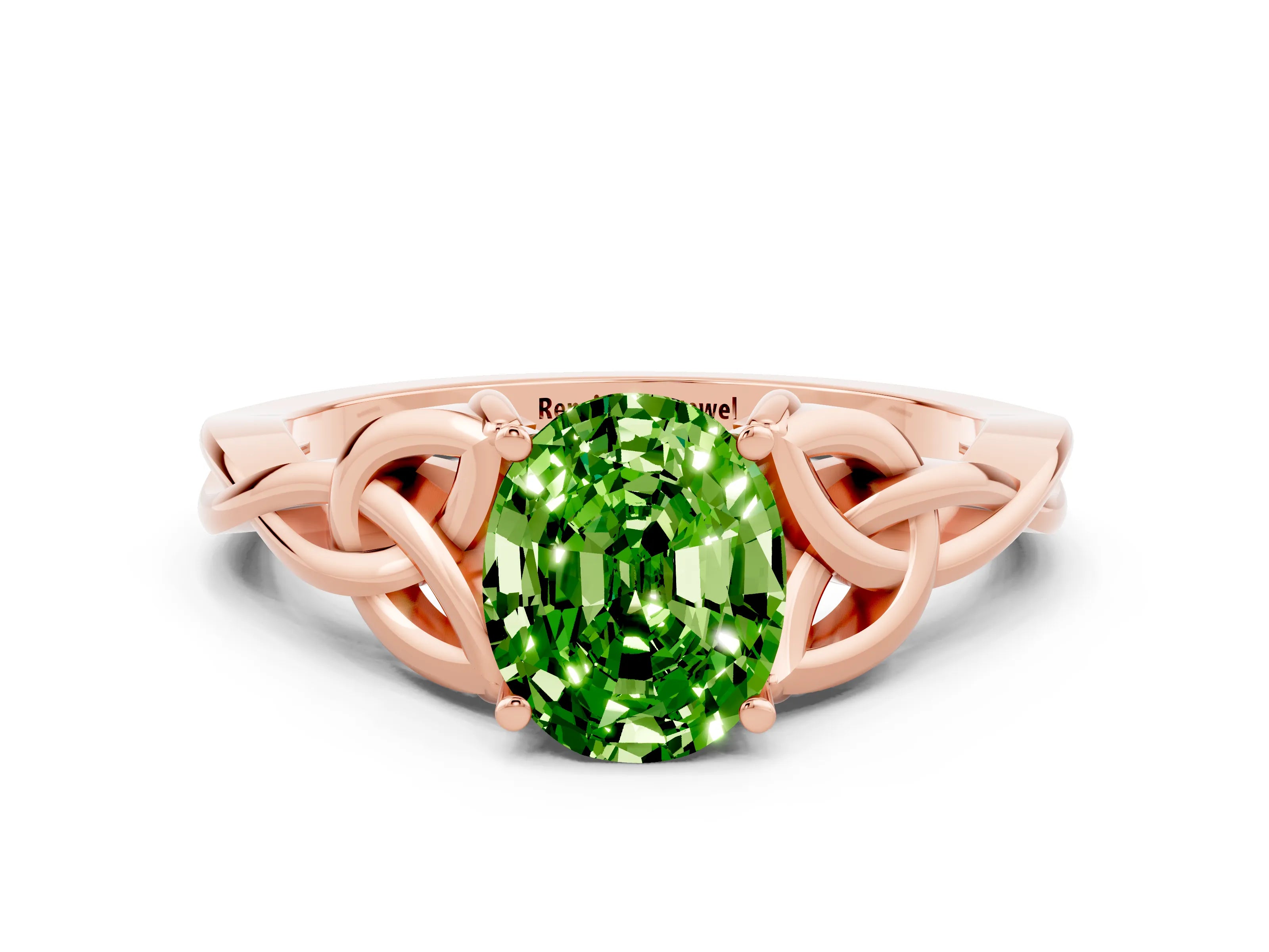 Rose gold Oval Cut Peridot Solitaire Engagement Ring with Celtic Knot Band and Four-Prong Setting