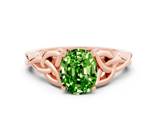 Rose gold Oval Cut Peridot Solitaire Engagement Ring with Celtic Knot Band and Four-Prong Setting