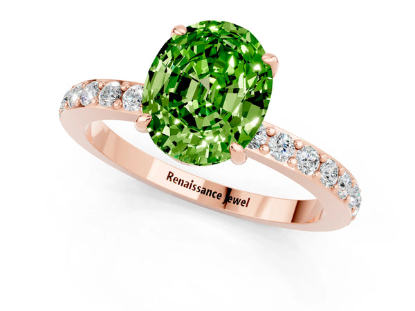 Rose gold Oval Cut Peridot Solitaire Engagement Ring with Pavé Band and Four-Prong Setting
