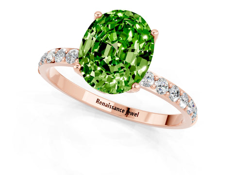 Rose gold Oval Cut Peridot Solitaire Engagement Ring with Pavé Band and Prong Setting_1