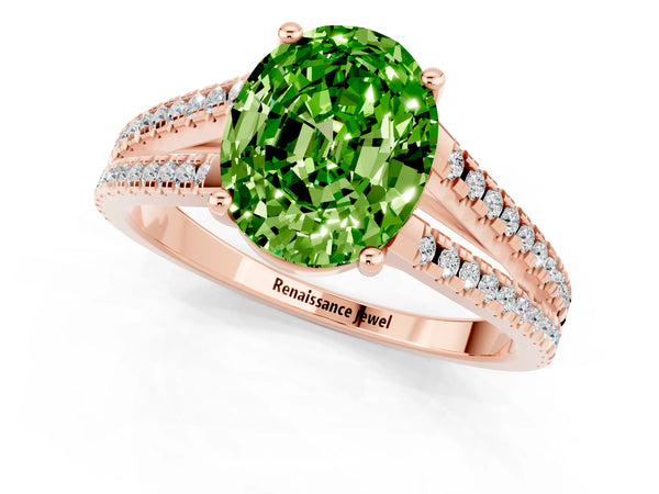 Rose gold Oval Cut Peridot Solitaire Engagement Ring with Split Shank Pavé Band