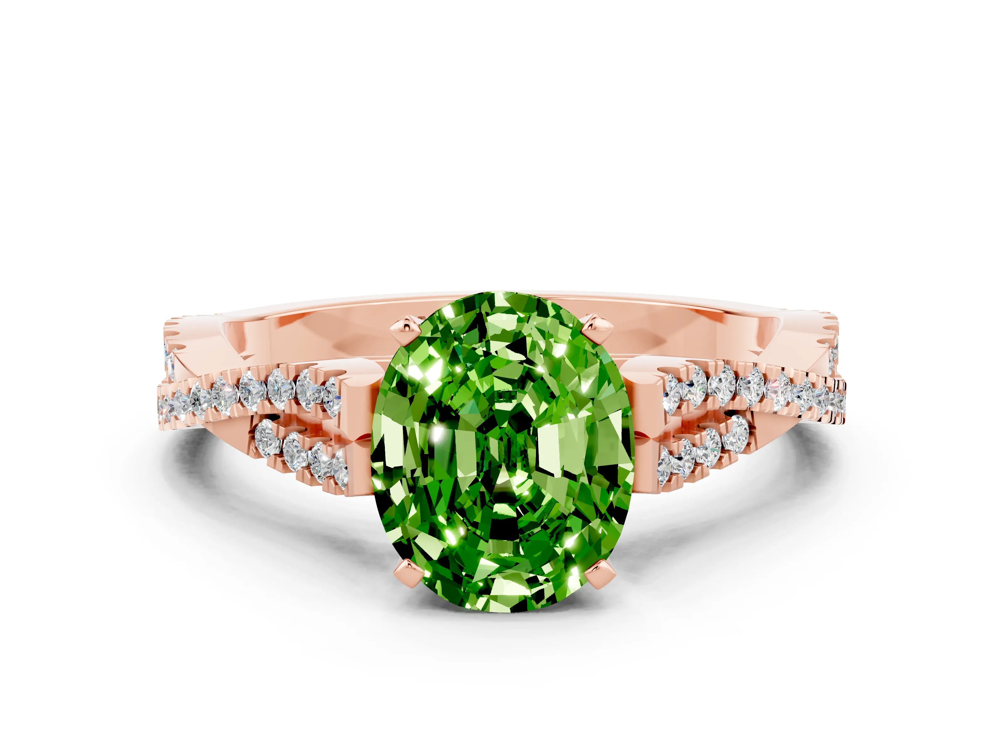 Rose gold Oval Cut Peridot Solitaire Engagement Ring with Twisted Pavé Band and Four-Prong Setting