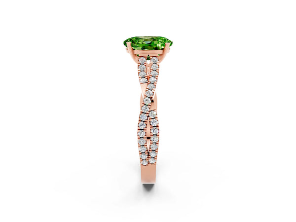 Rose gold Oval Cut Peridot Solitaire Engagement Ring with Twisted Pavé Band and Four-Prong Setting