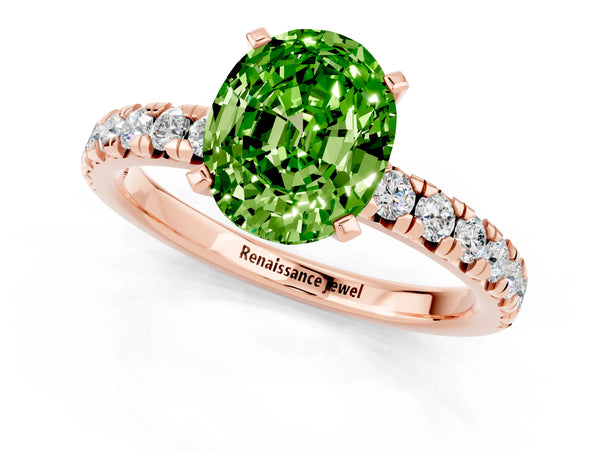 Rose gold Oval Cut Peridot Solitaire Pavé Engagement Ring with Round Band and Prong Setting