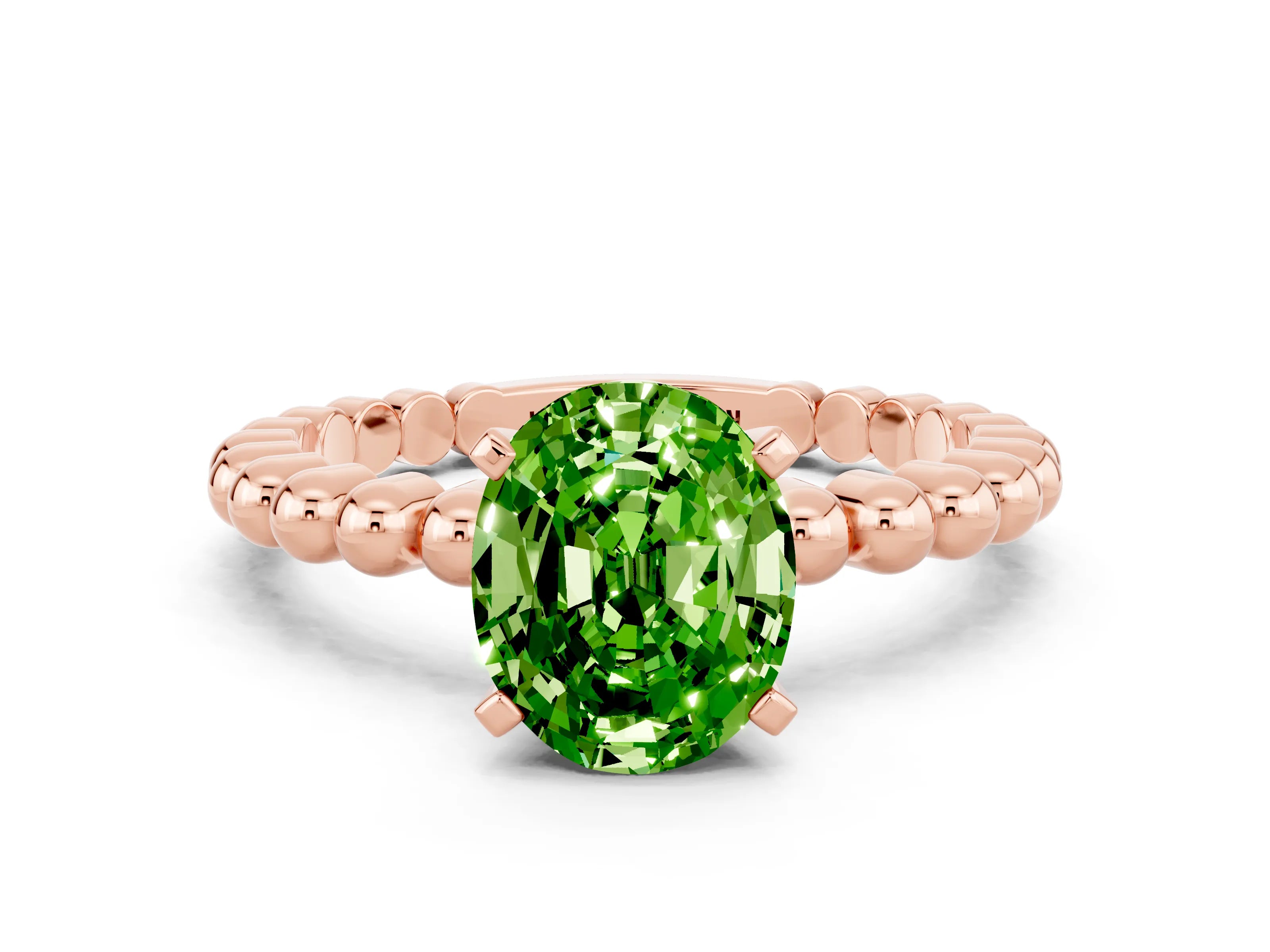 Rose gold Oval Cut Peridot Solitaire Ring with Beaded Band and Prong Setting