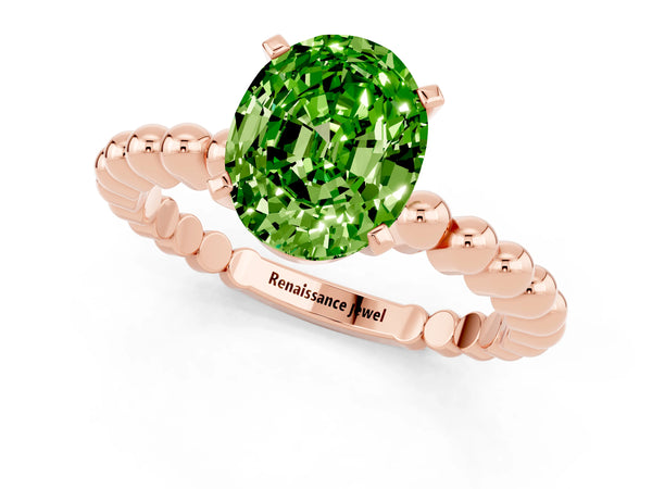 Rose gold Oval Cut Peridot Solitaire Ring with Beaded Band and Prong Setting