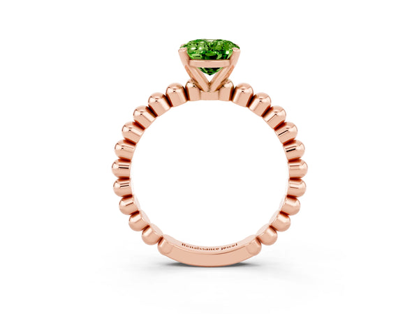 Rose gold Oval Cut Peridot Solitaire Ring with Beaded Band and Prong Setting