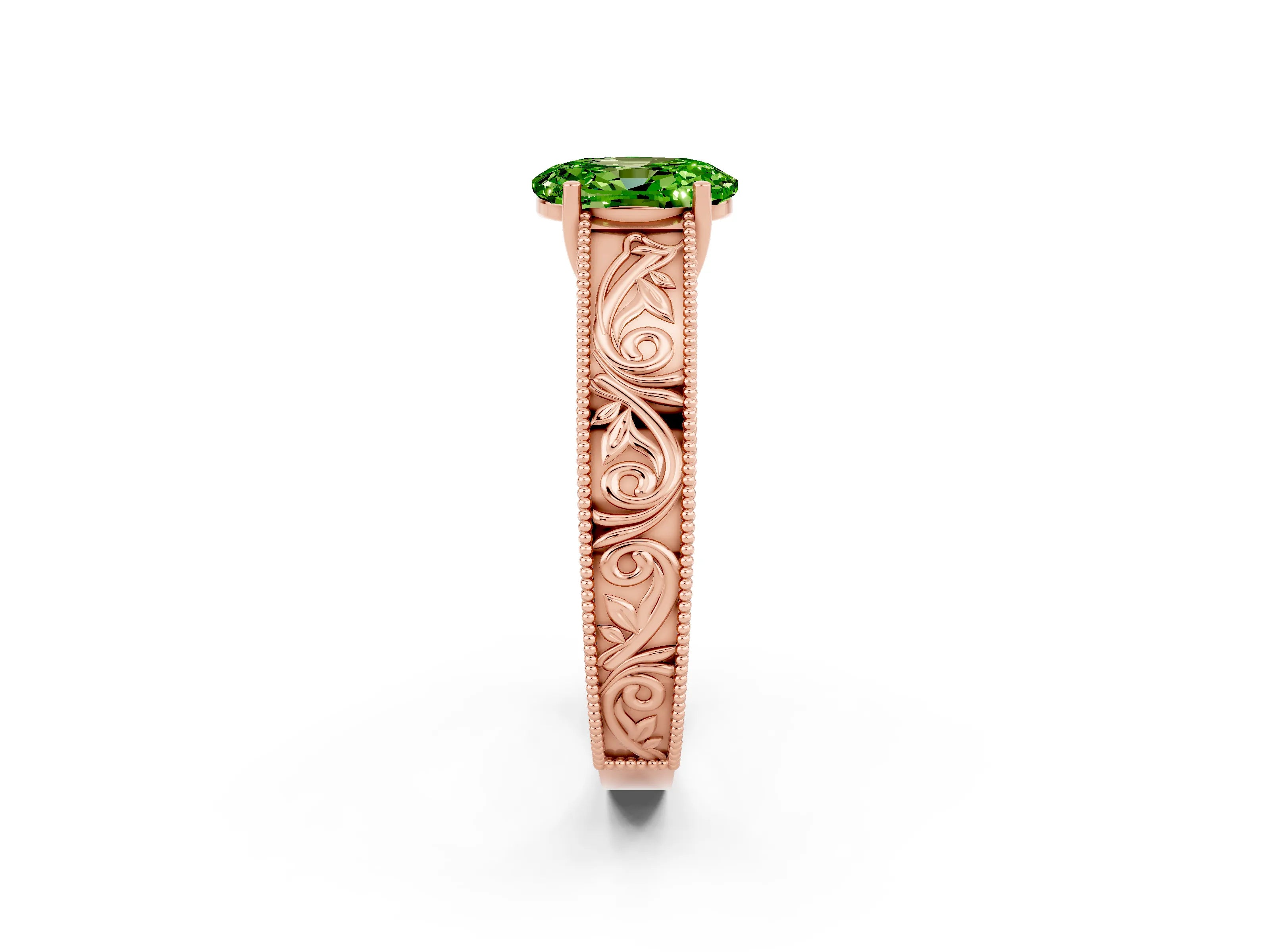 Rose gold Oval Cut Peridot Solitaire Ring with Engraved Band and Four-Prong Setting_2