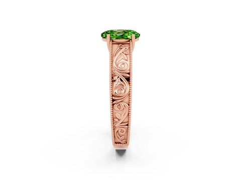 Rose gold Oval Cut Peridot Solitaire Ring with Engraved Band and Four-Prong Setting_2