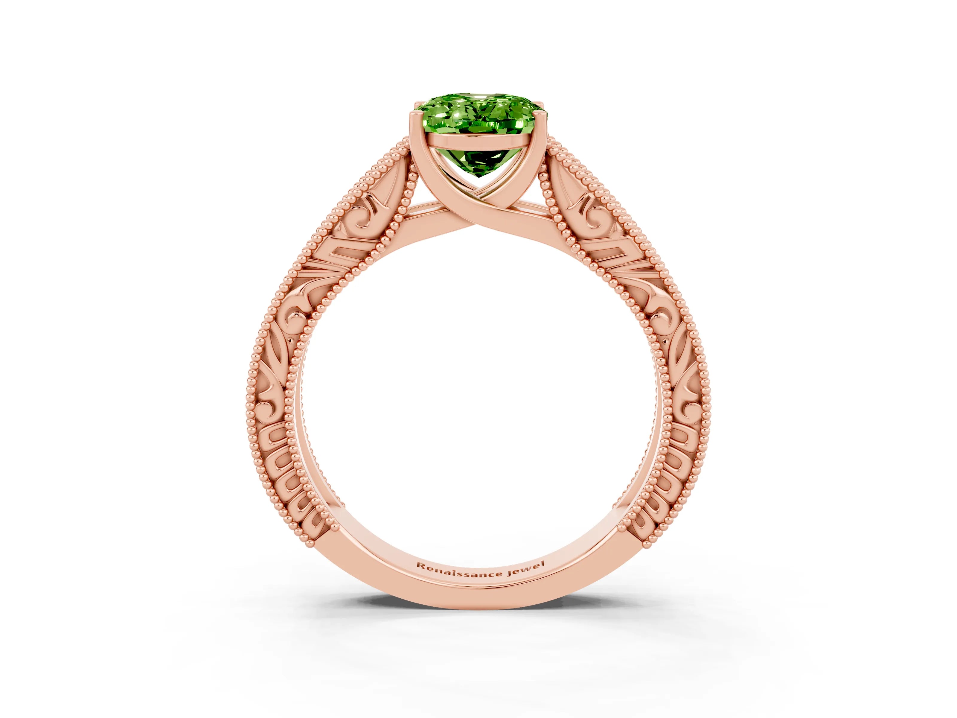 Rose gold Oval Cut Peridot Solitaire Ring with Engraved Band and Four-Prong Setting_3
