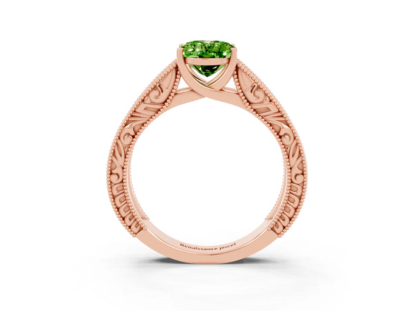 Rose gold Oval Cut Peridot Solitaire Ring with Engraved Band and Four-Prong Setting