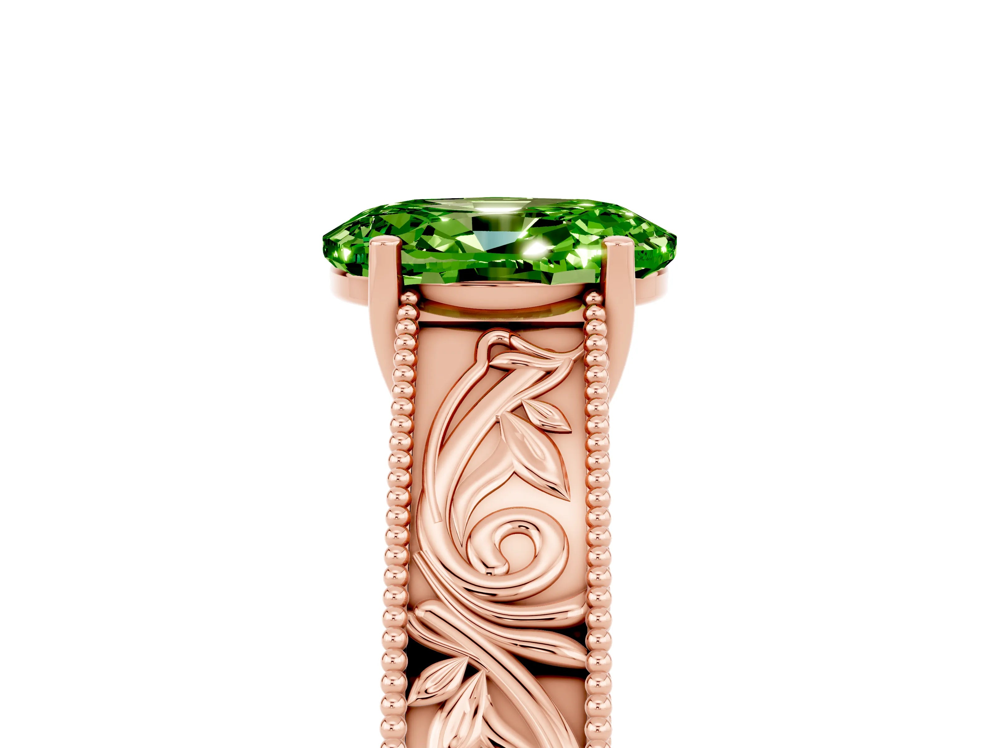 Rose gold Oval Cut Peridot Solitaire Ring with Engraved Band and Four-Prong Setting_5