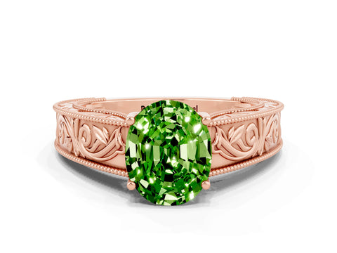 Rose gold Oval Cut Peridot Solitaire Ring with Engraved Band and Four-Prong Setting