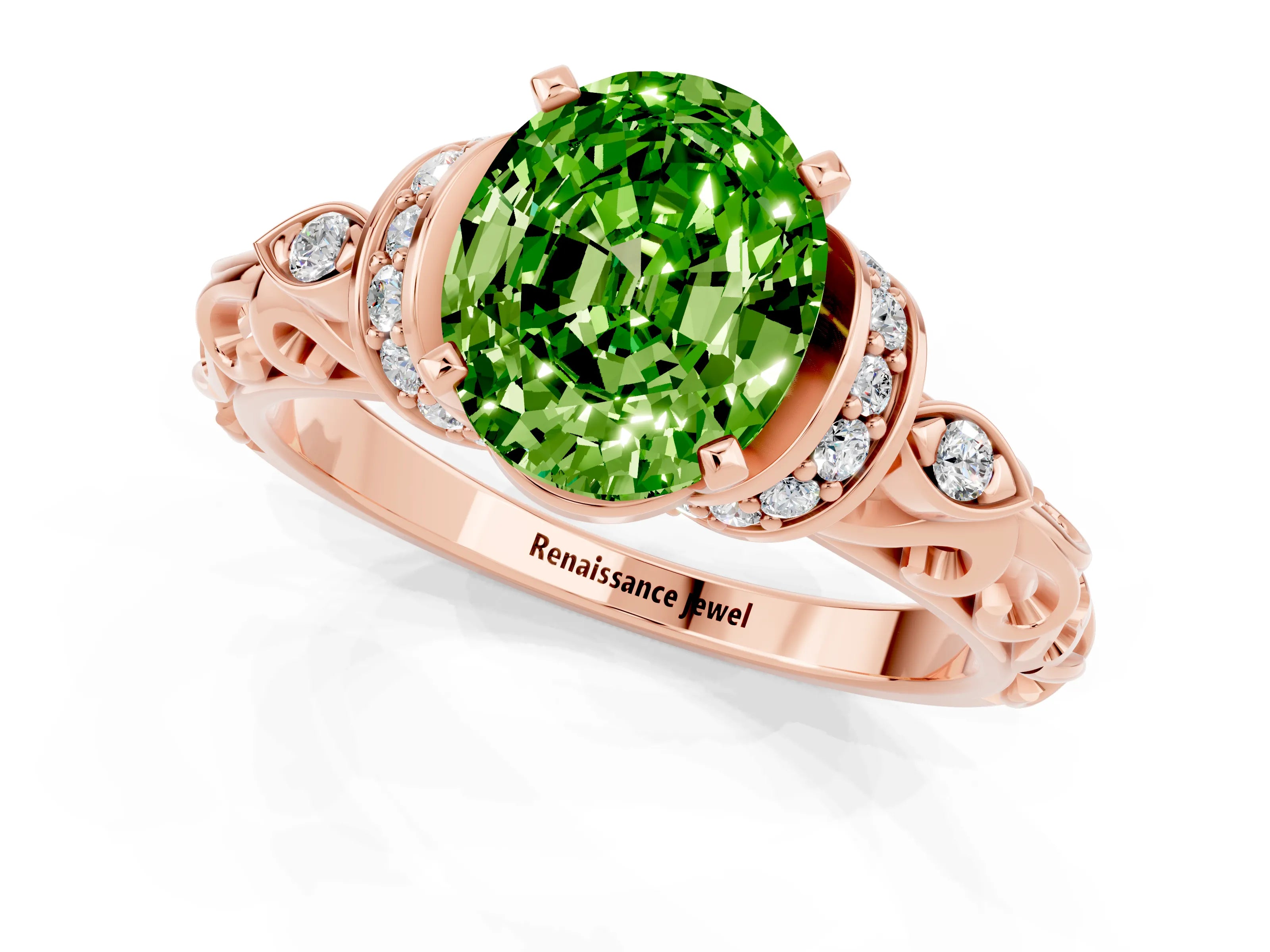 Rose gold Oval Cut Peridot Solitaire Ring with Filigree Band and Four-Prong Setting_25