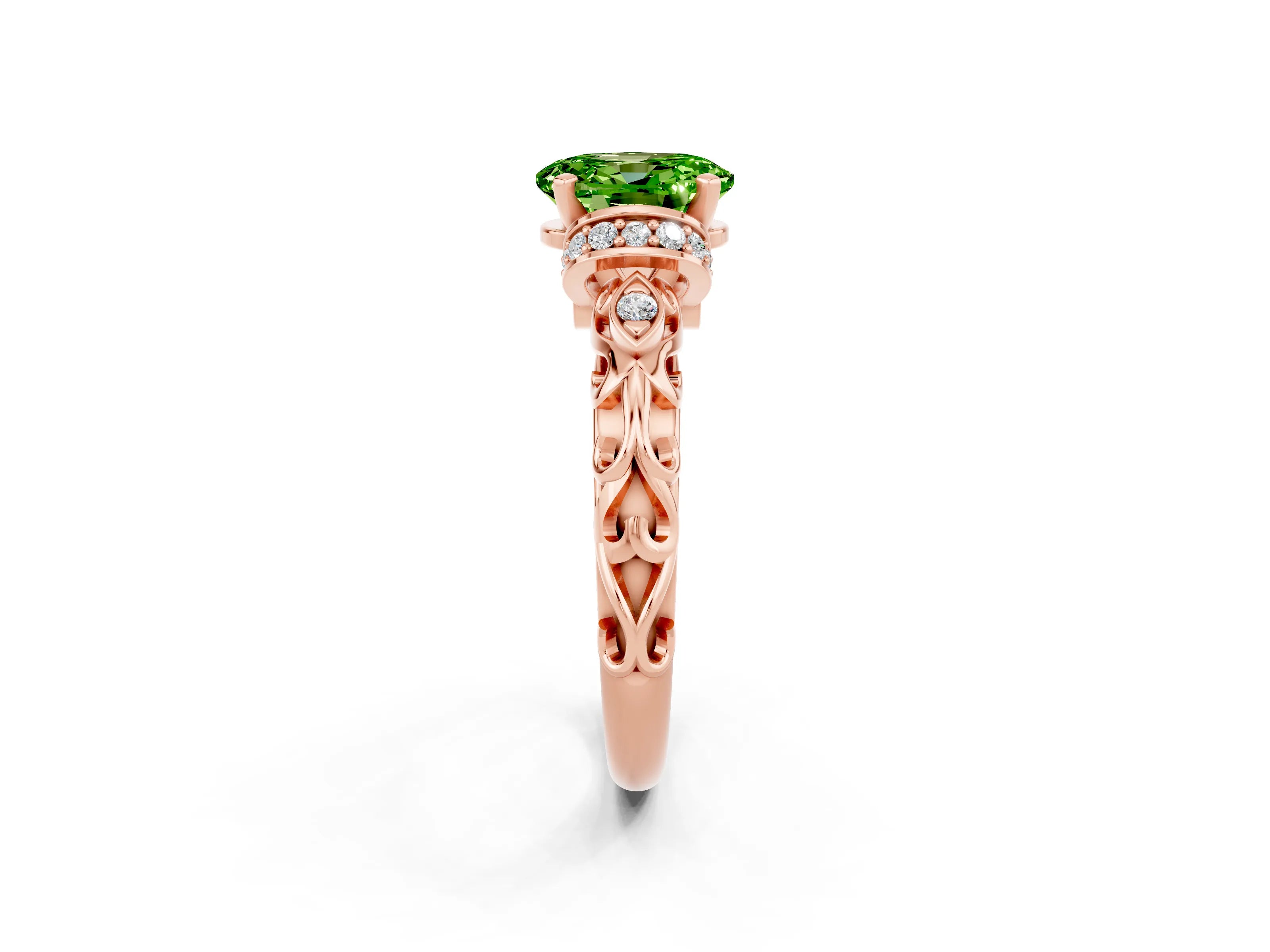 Rose gold Oval Cut Peridot Solitaire Ring with Filigree Band and Four-Prong Setting_26