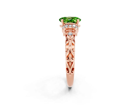 Rose gold Oval Cut Peridot Solitaire Ring with Filigree Band and Four-Prong Setting_26