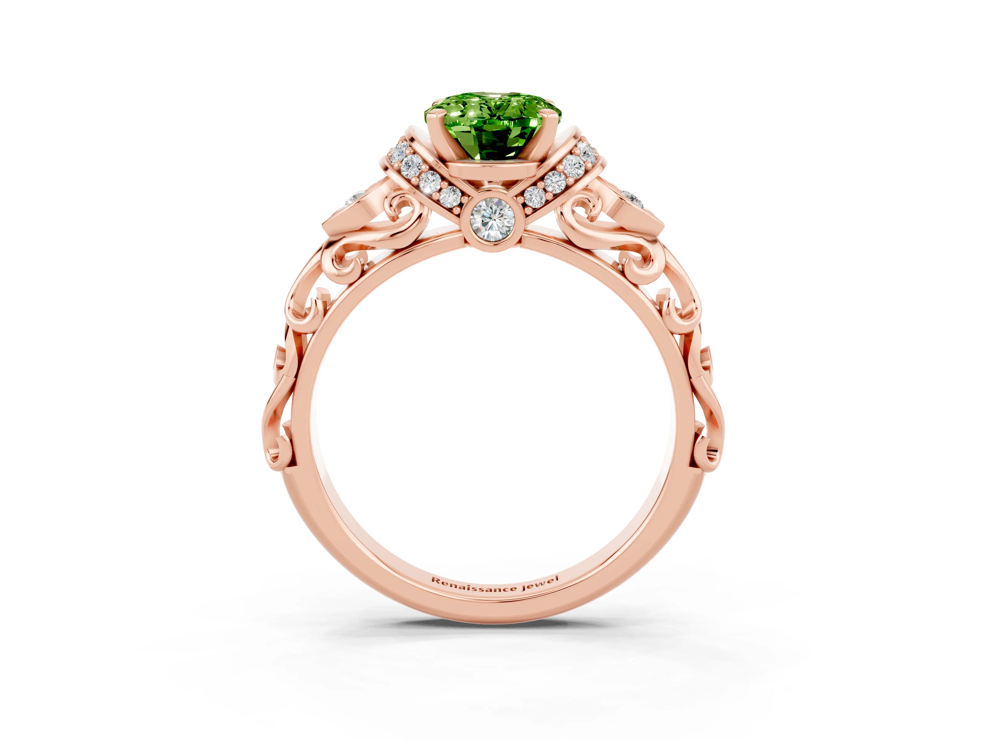 Rose gold Oval Cut Peridot Solitaire Ring with Filigree Band and Four-Prong Setting_27